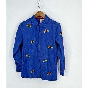 Quacker Factory Womens Small Blue Corduroy Teacher Apples Button Up Shirt School